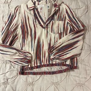 THML Cream Blouse with Red and Blue Stripes and soft fringe trim small